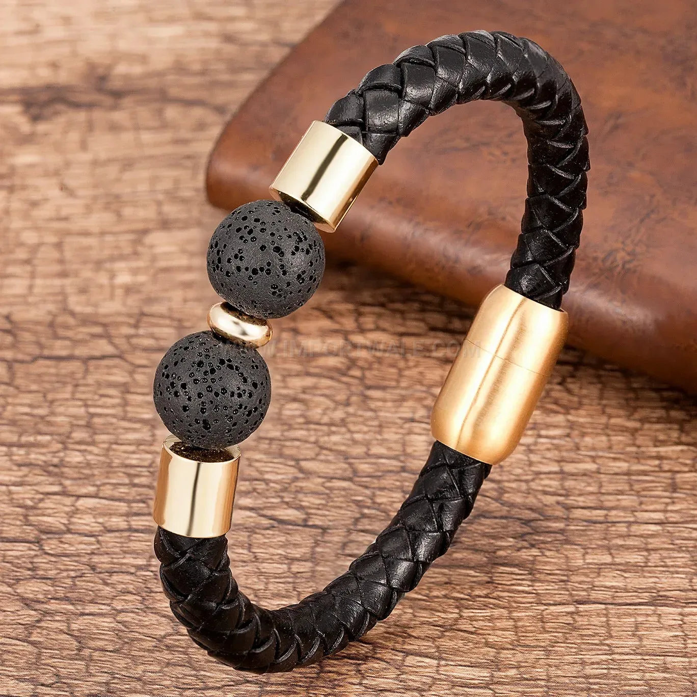 Classic Leather Cord Stone Bracelet with Stainless Steel Hardware
