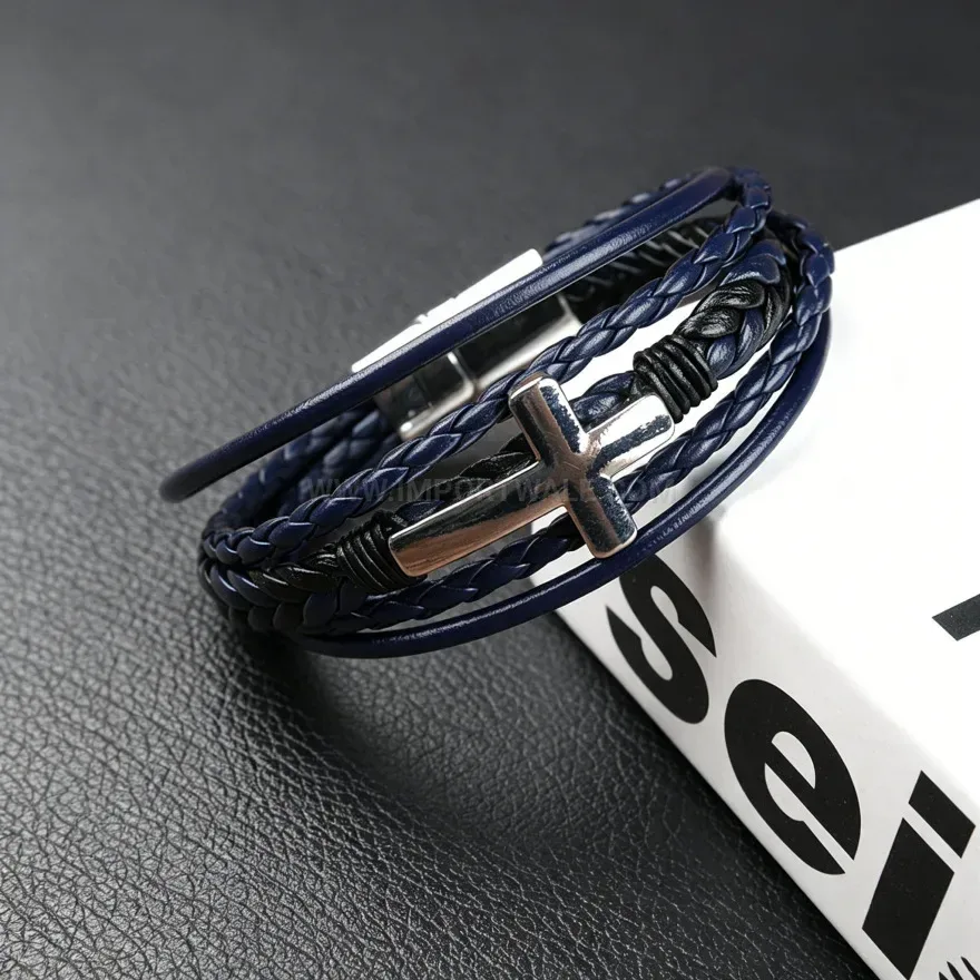 Stylish Multi Strand Leather Cross Bracelet with Magnetic Clasp