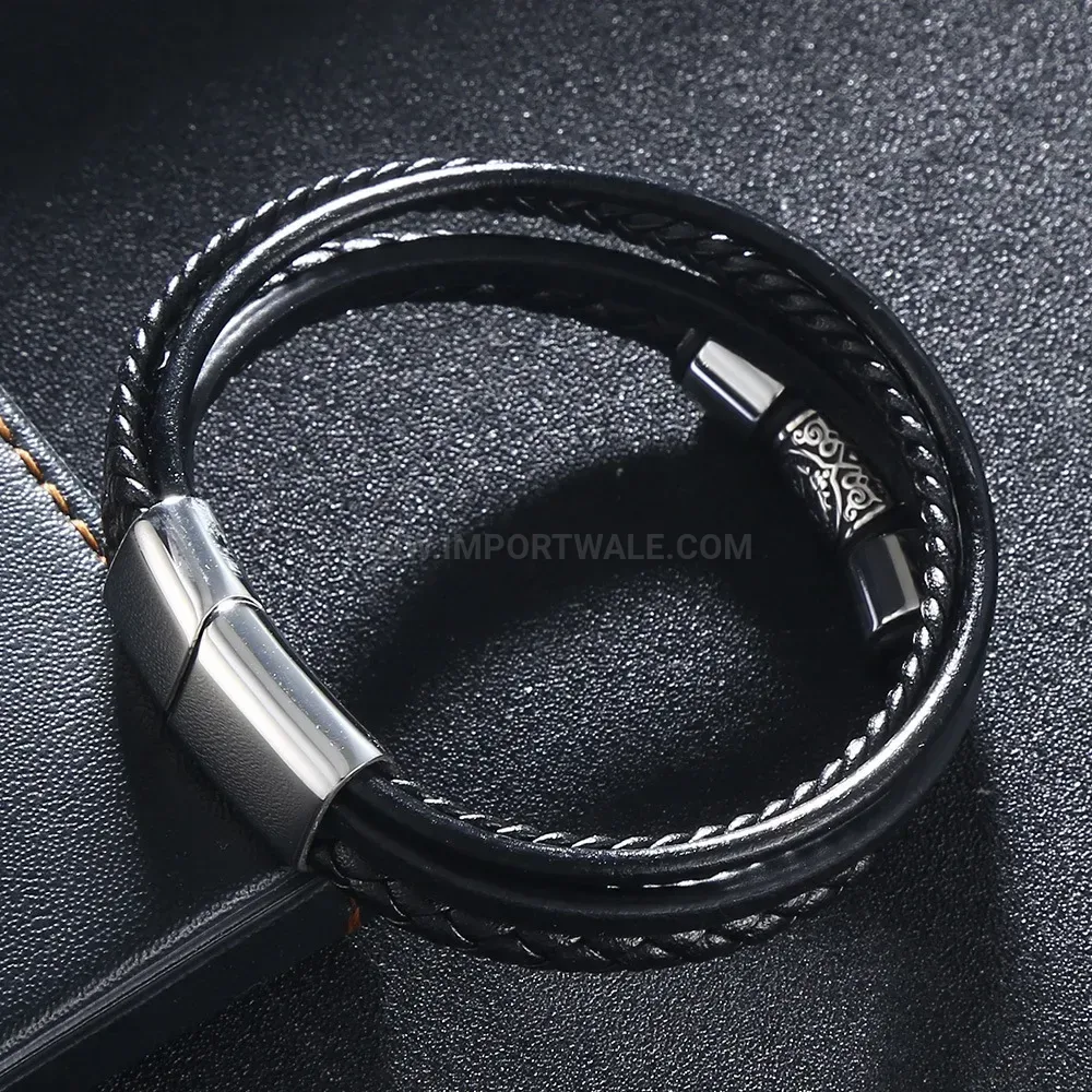 Multi Layer Hand Braided Leather Bracelet with Stainless Steel Magnetic Clasp