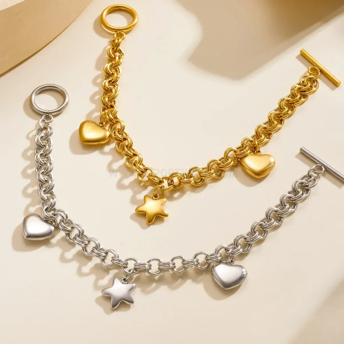 Stainless Steel Heart and Star Cuban Twist Chain Bracelet