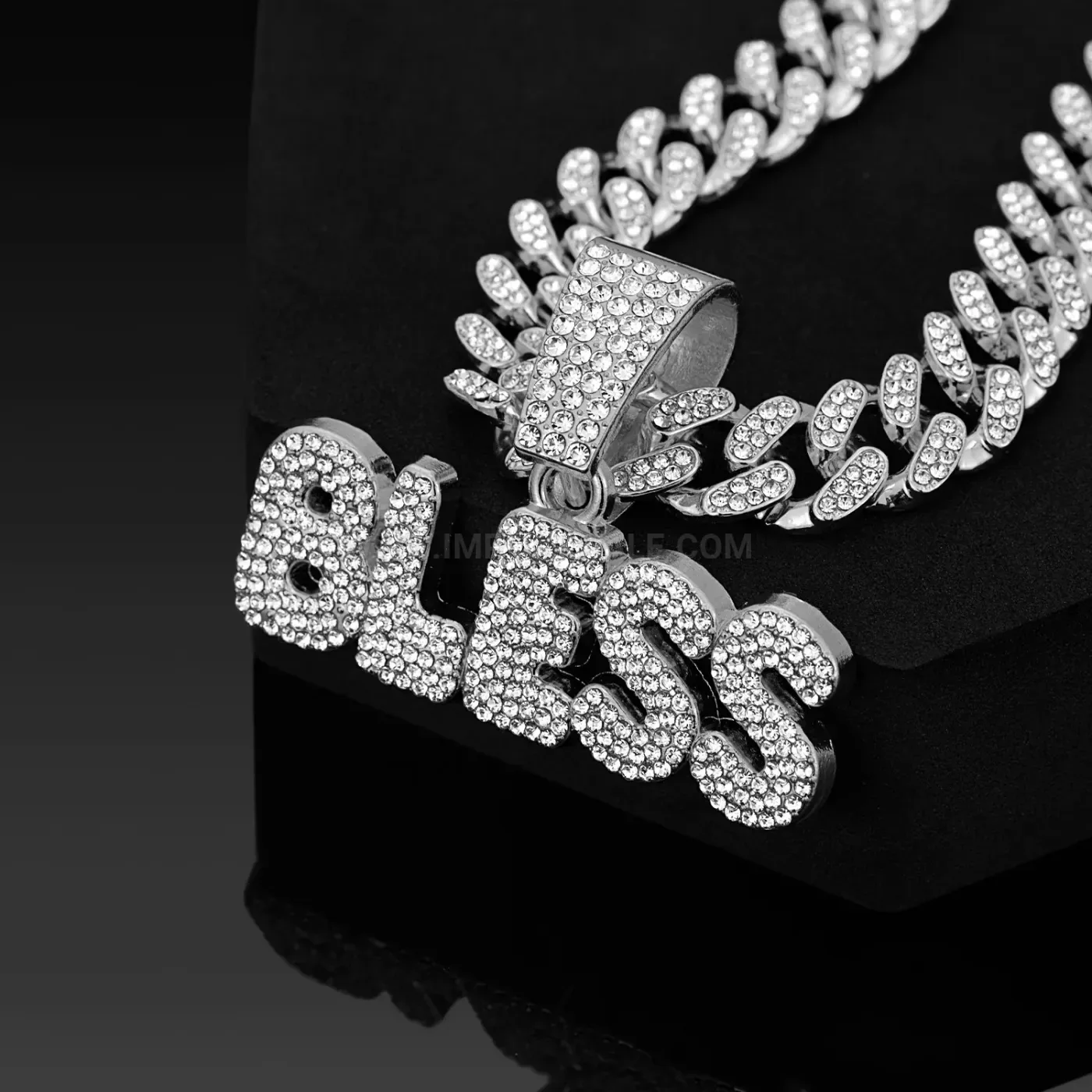 Pave Rhinestone BLESS Lettering Hip Hop Pendant