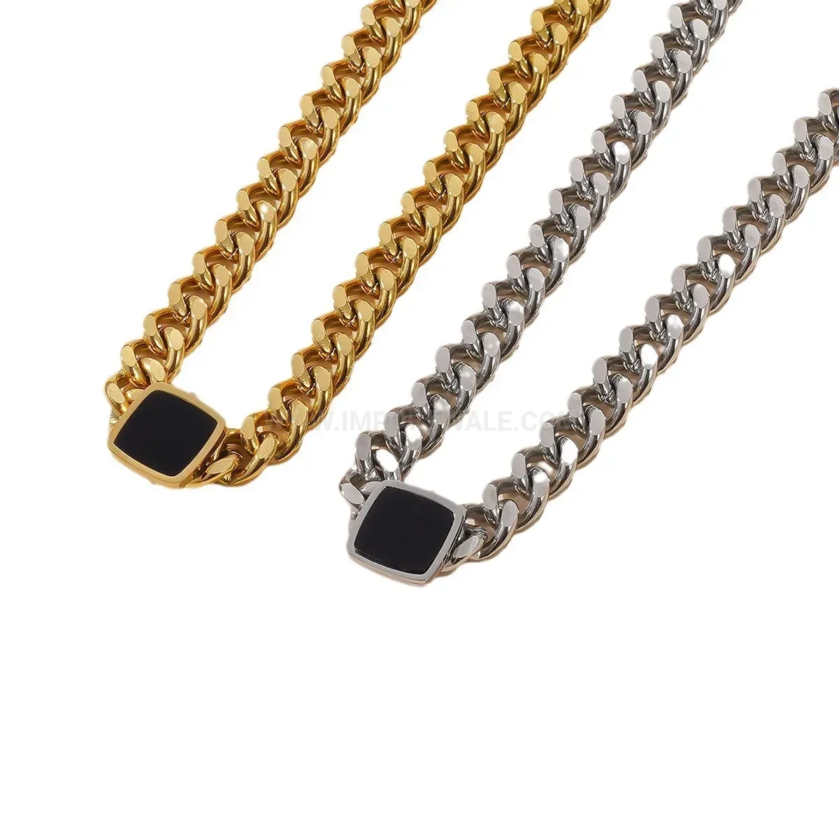 Chic Chunky Titanium Steel Cuban Chain Black Square Pendant Necklace