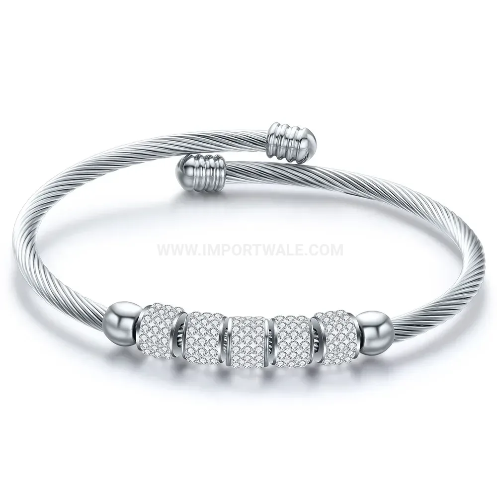 Trendy Adjustable Stainless Steel Cable Wire Cuff Bangle with Crystal Beads