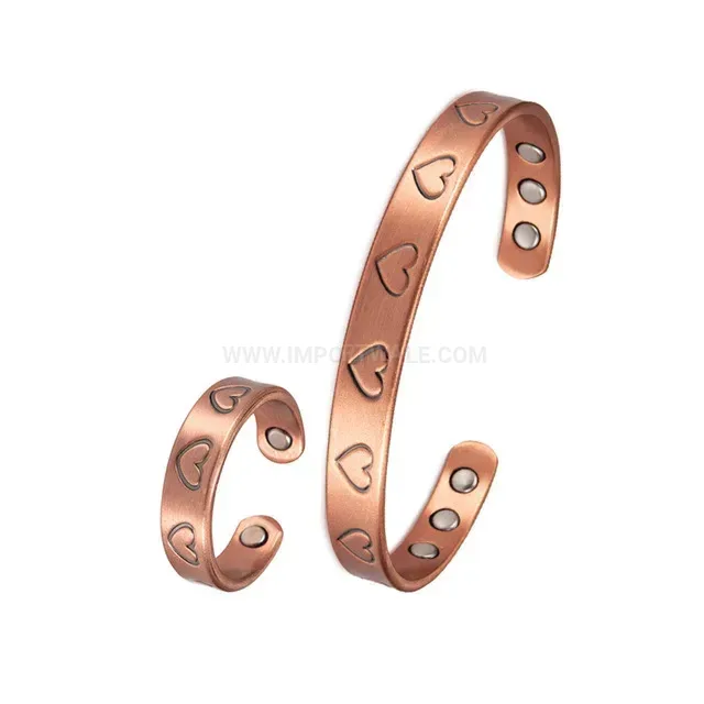 Vintage Red Copper Heart Open Cuff Magnetic Bracelet