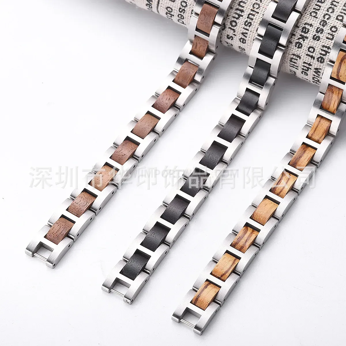 Designer Mahogany Wood Inlaid Titanium Steel Bio Magnetic Bracelet