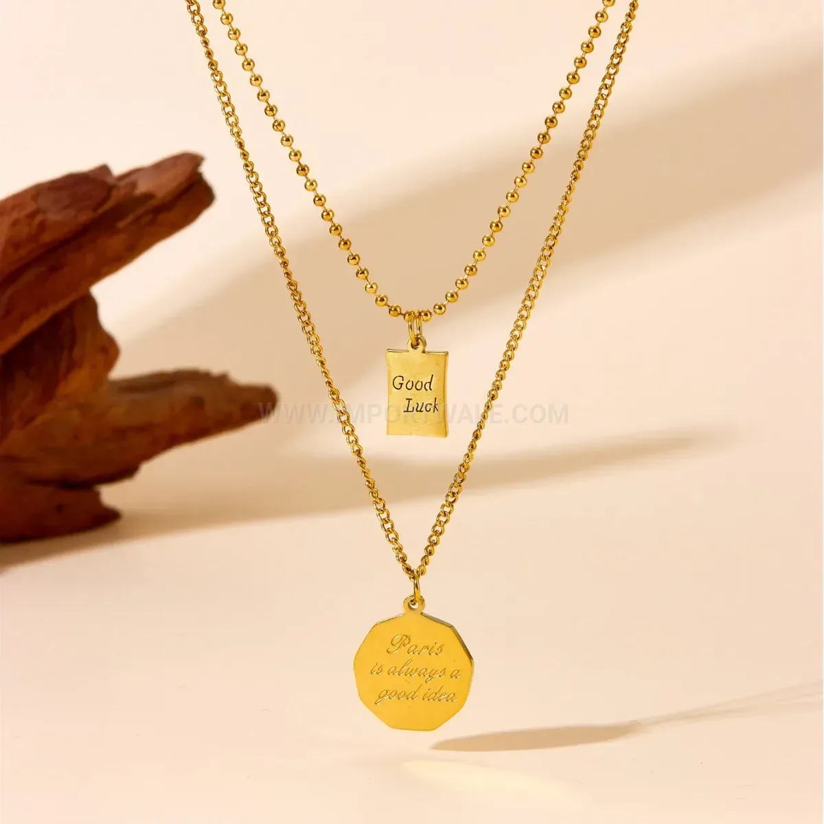 Trendy Double Layer Stainless Steel Pendant Necklace with Round and Square Tags