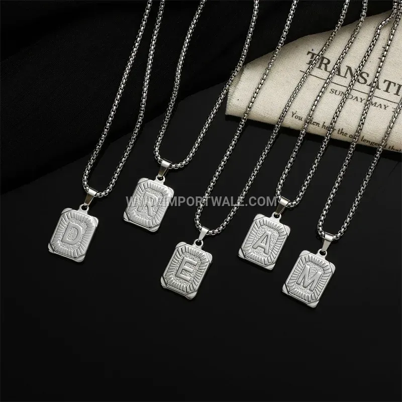 Square Stamped Letter Pendant Necklace in Stainless Steel