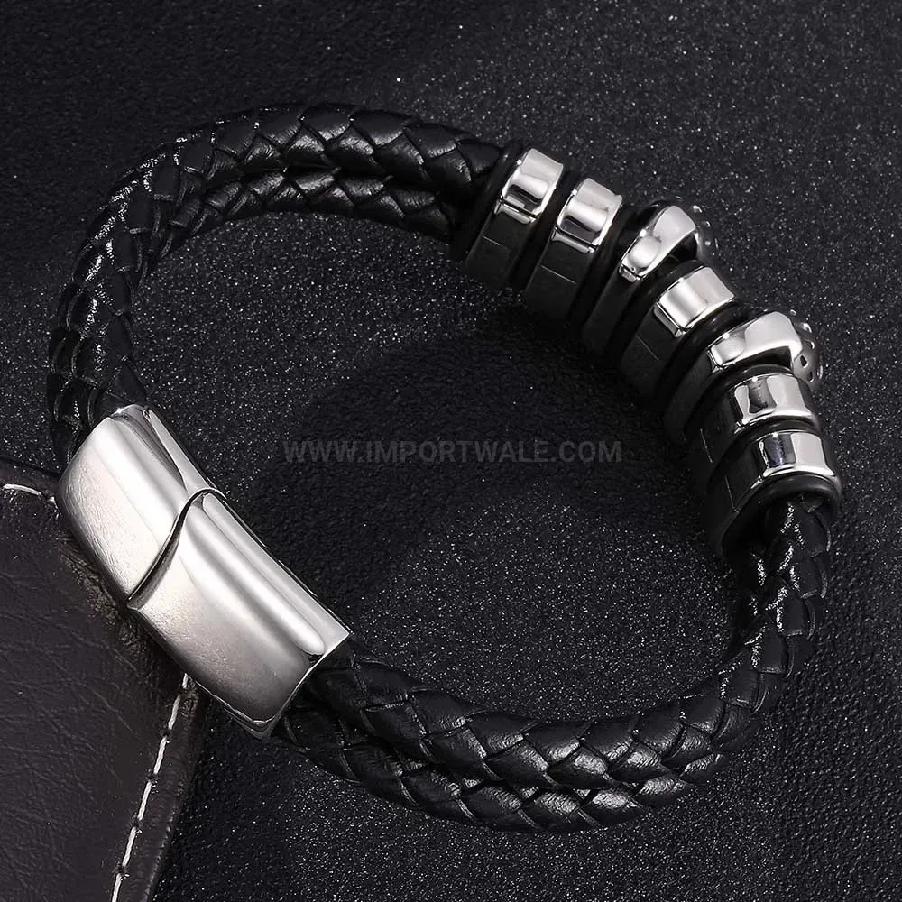 Vintage Punk Skull Stainless Steel Magnetic Clasp Braided Leather Bracelet