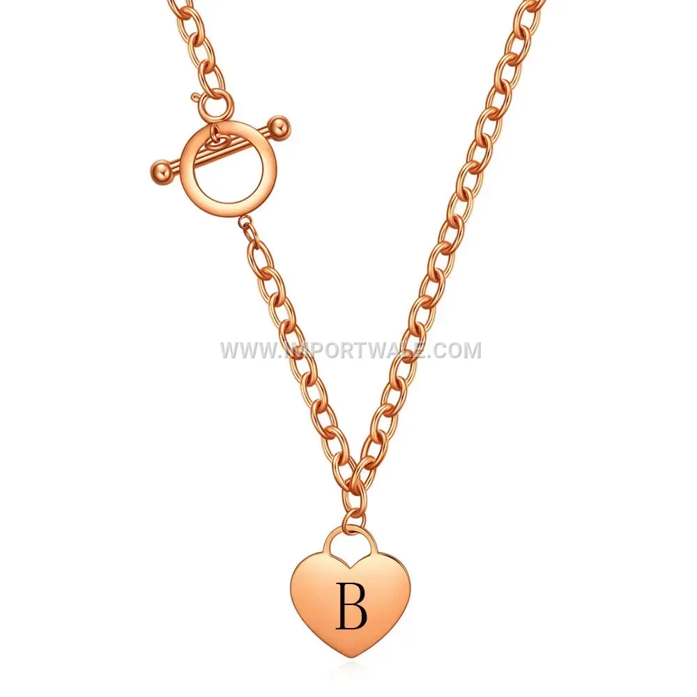 Rose Gold Plated Laser Engraved Initial Heart Toggle Chain Necklace
