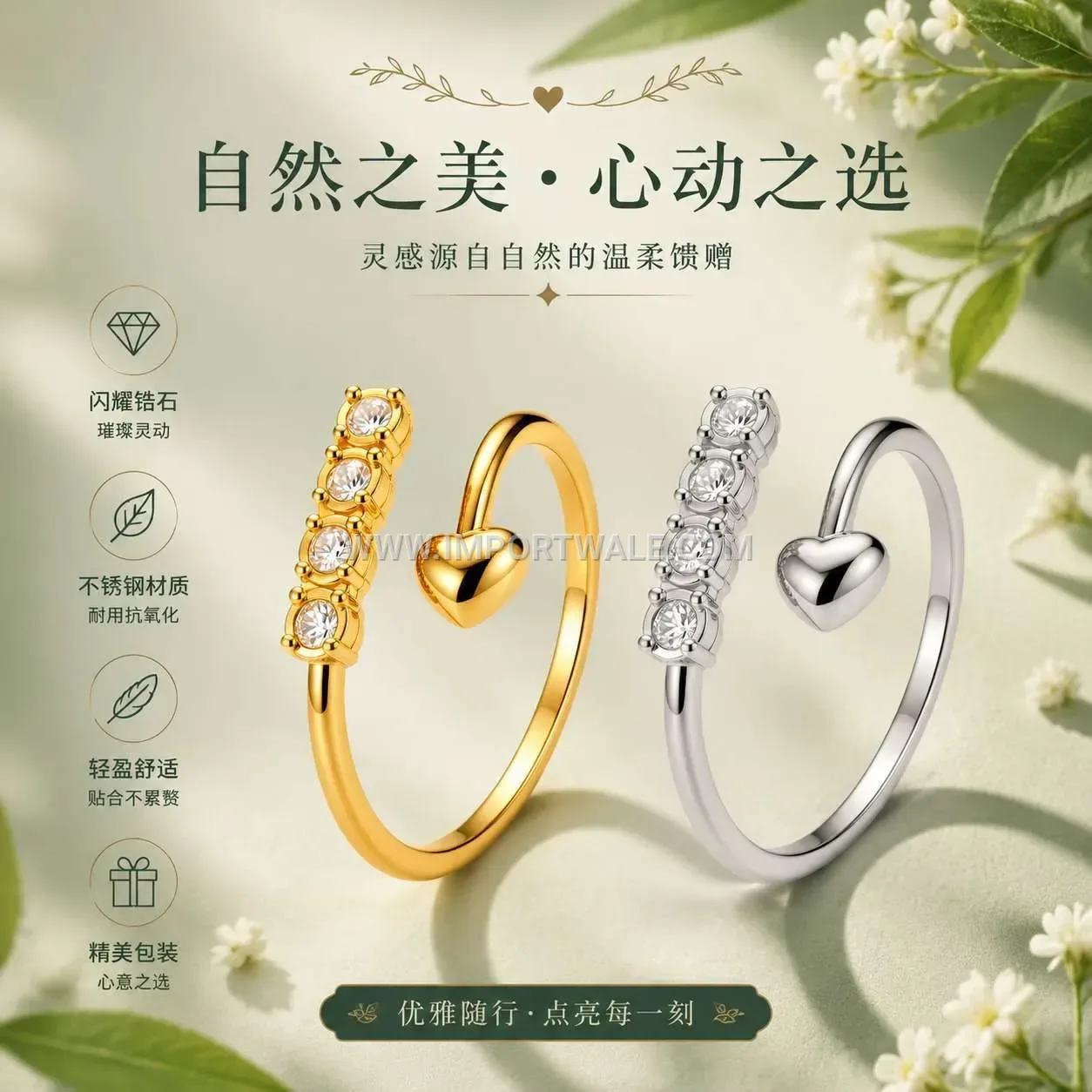 Adjustable Crystal Accented Wheat Motif Open Ring