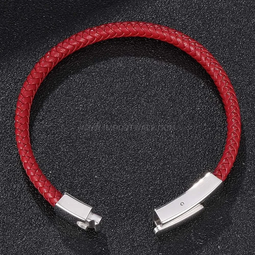 Woven Leather Bracelet with Stainless Steel Push Clasp