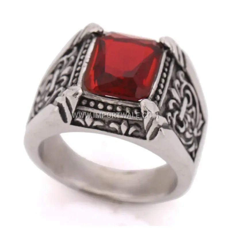 Vintage Crystal Inlaid Stainless Steel Geometric Signet Ring
