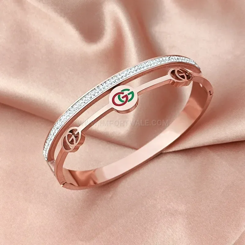 Bold Rhinestone Red and Green Patterned Titanium Steel Bangle