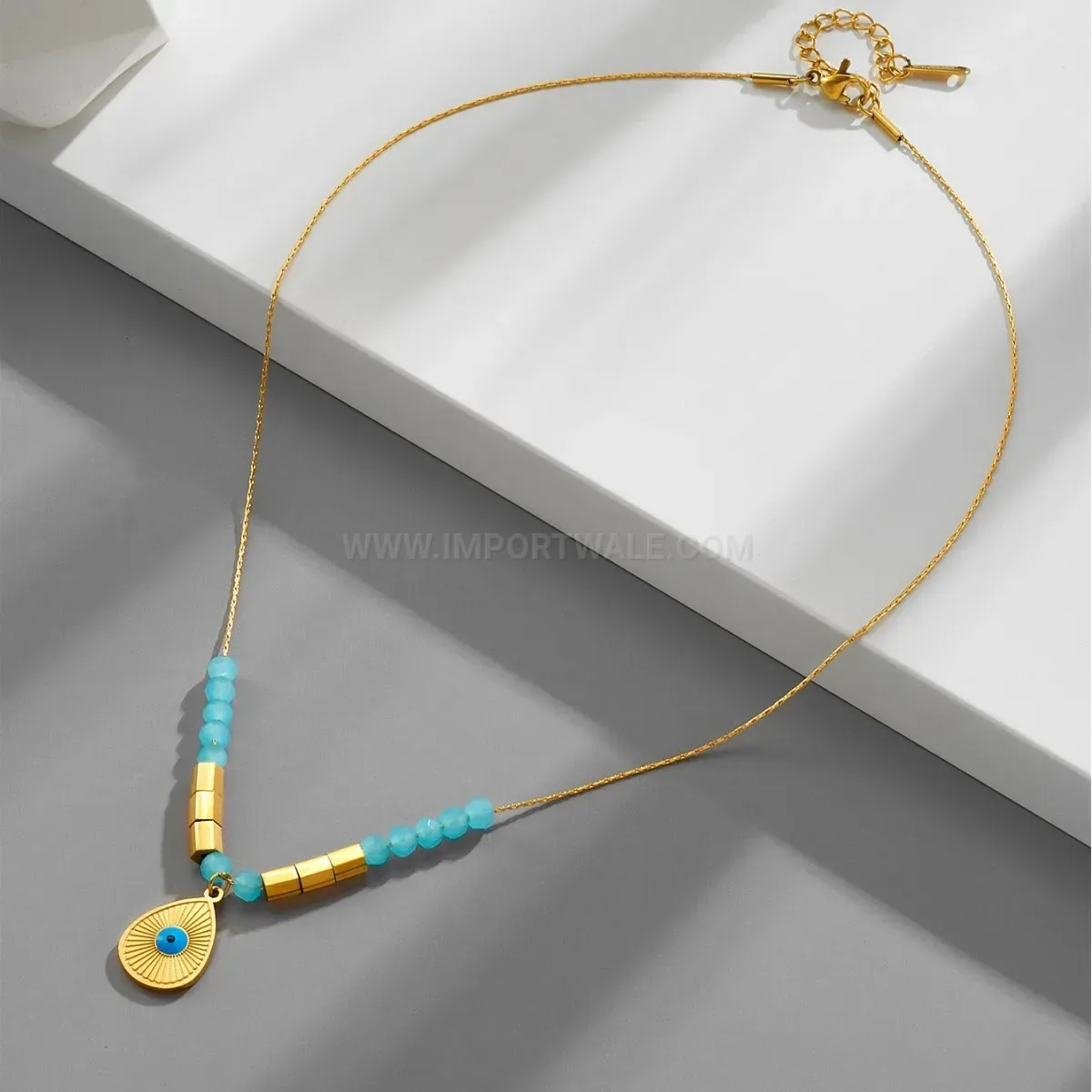 Classic Blue Evil Eye Teardrop Pendant Gold Plated Stainless Steel Necklace
