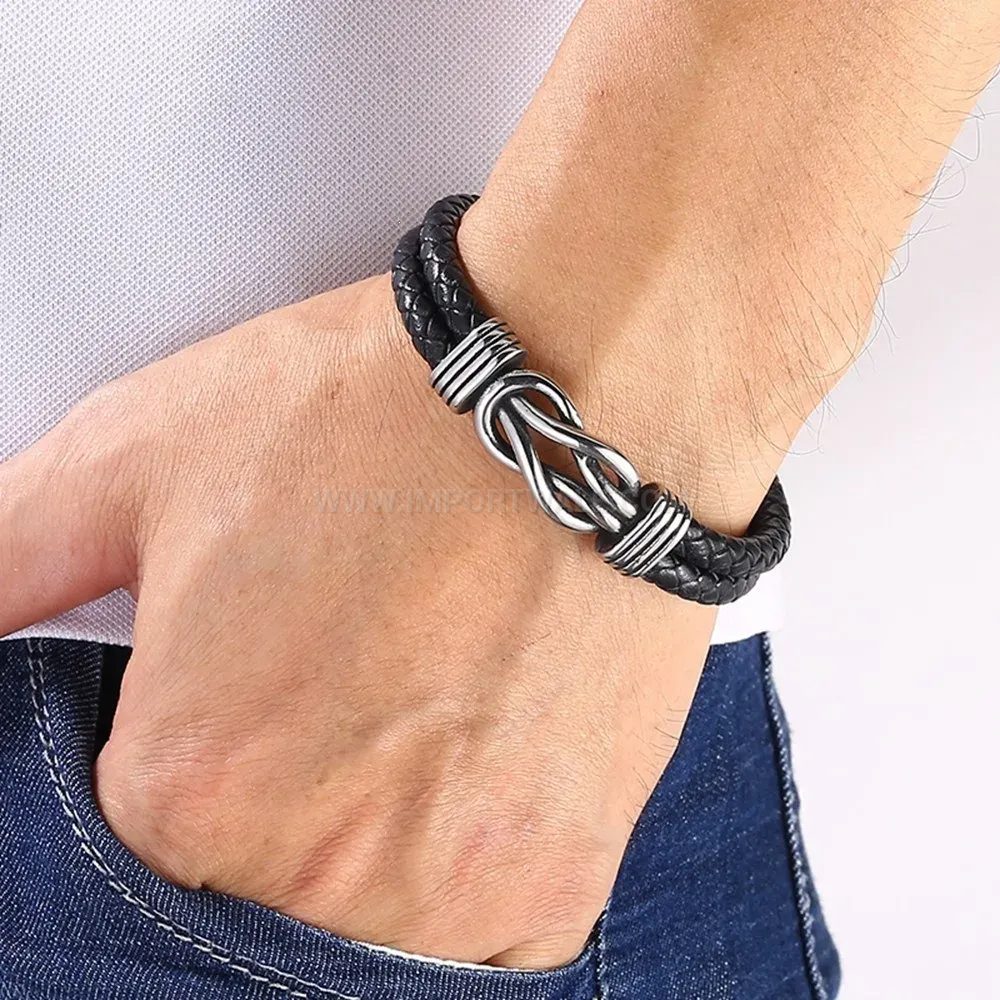 Trendy Double Layered Leather Bracelet with Magnetic Stainless Steel Clasp