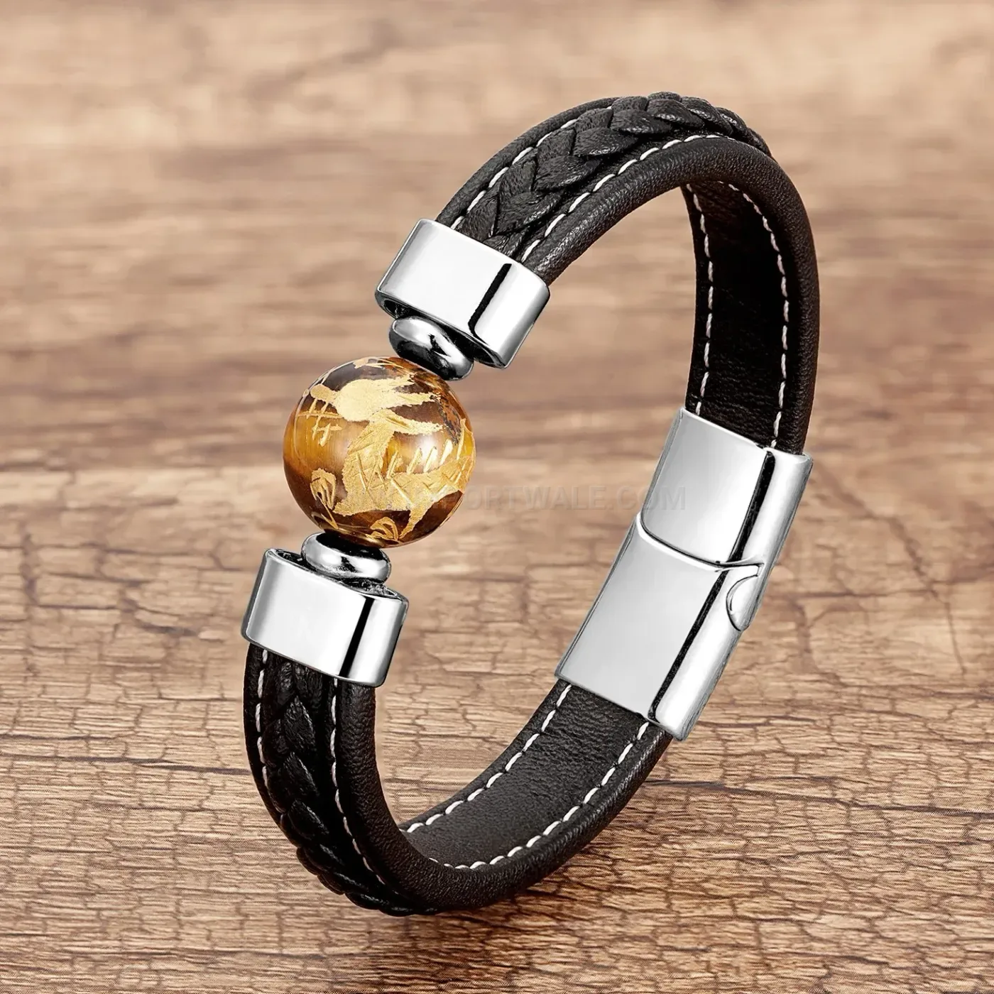 Braided Leather Dragon Pattern Stone Bracelet with Stainless Steel Clasp
