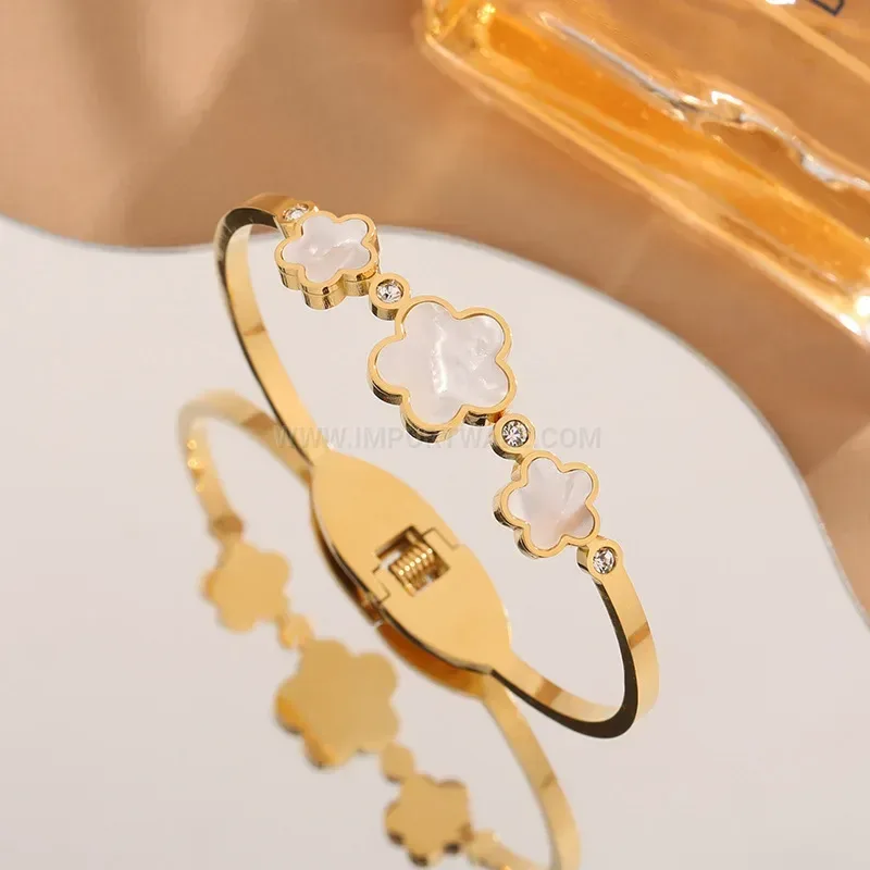 Triple Clover Faux Shell Titanium Open Bangle Bracelet