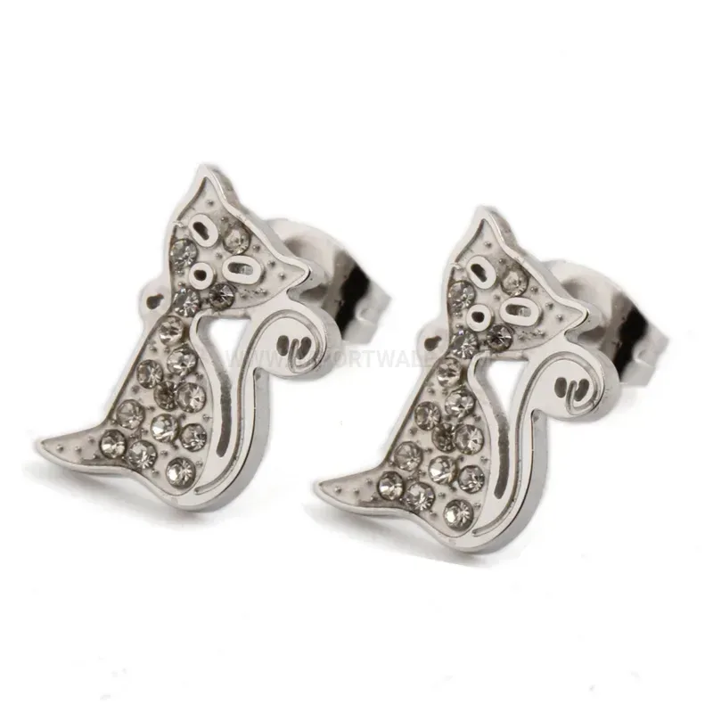 Designer Rhinestone Accent Stainless Steel Cat Stud Earrings