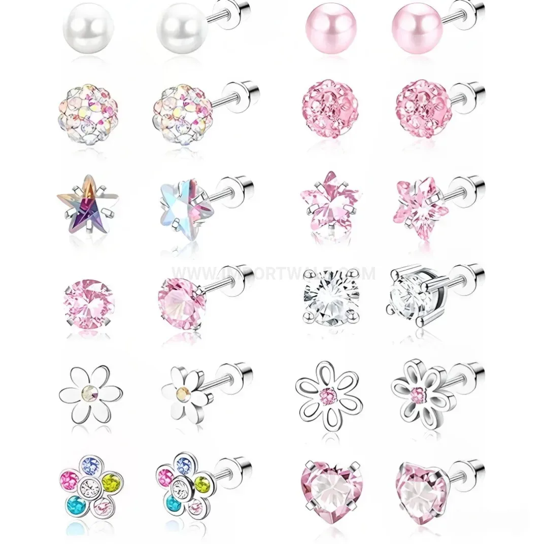 Stylish Crystal Heart Geometric Metal Body Piercing Stud Combination Set