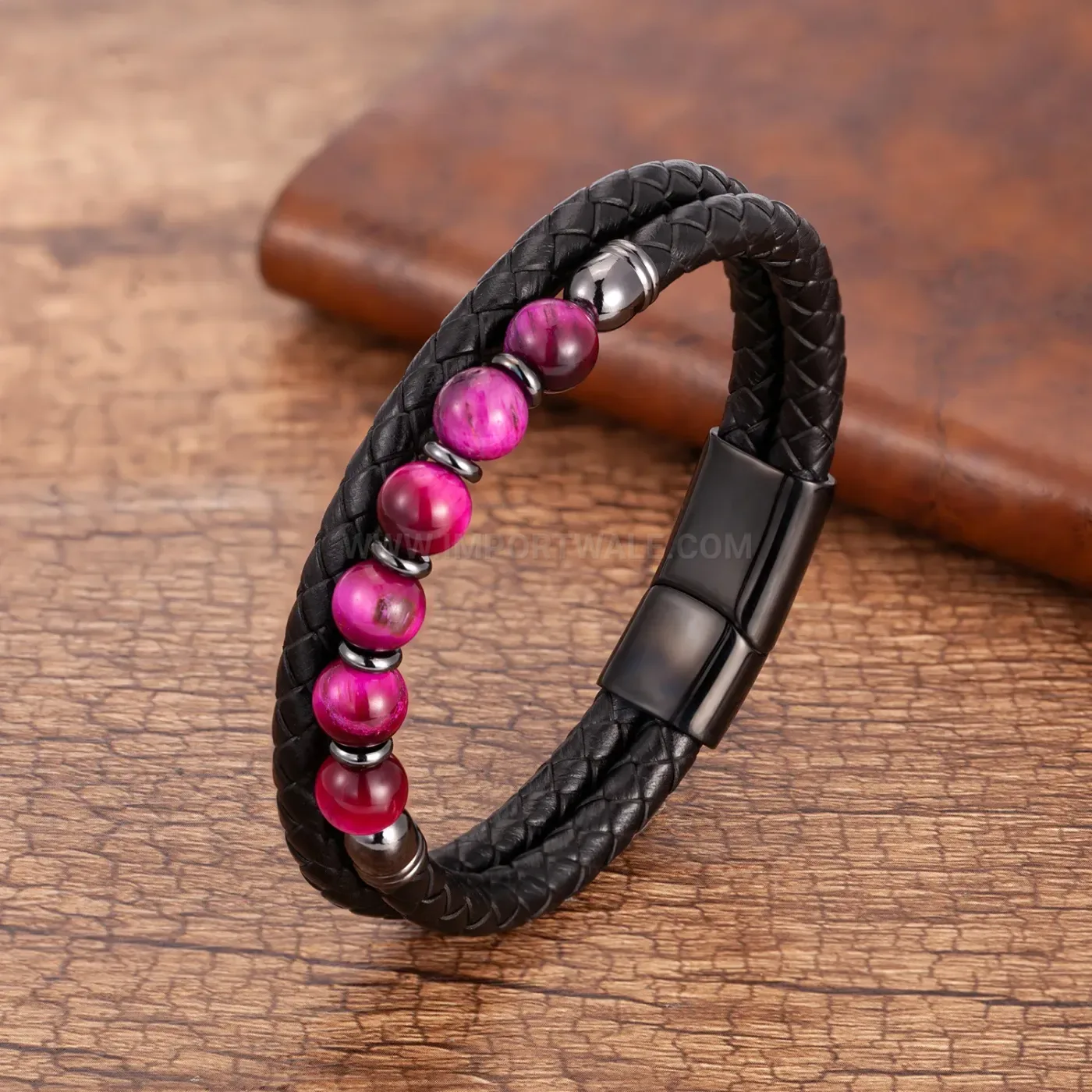 Tiger Eye Natural Stone Bead Leather Cord Bracelet Magnetic Stainless Clasp