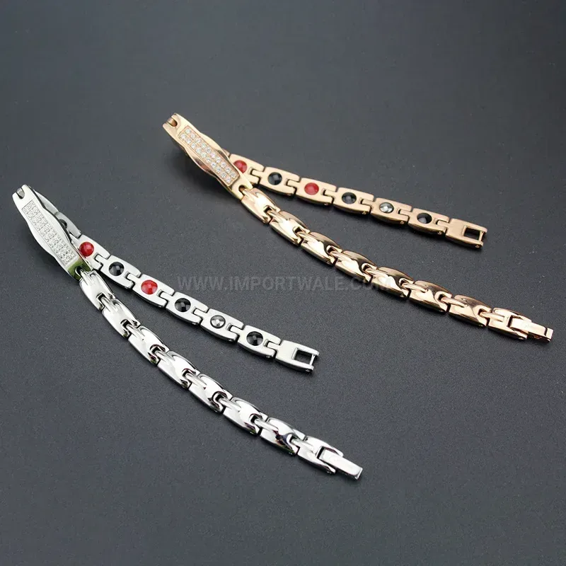 Trendy Double-Row Crystal Titanium Steel Bio Magnetic Couple Bracelet