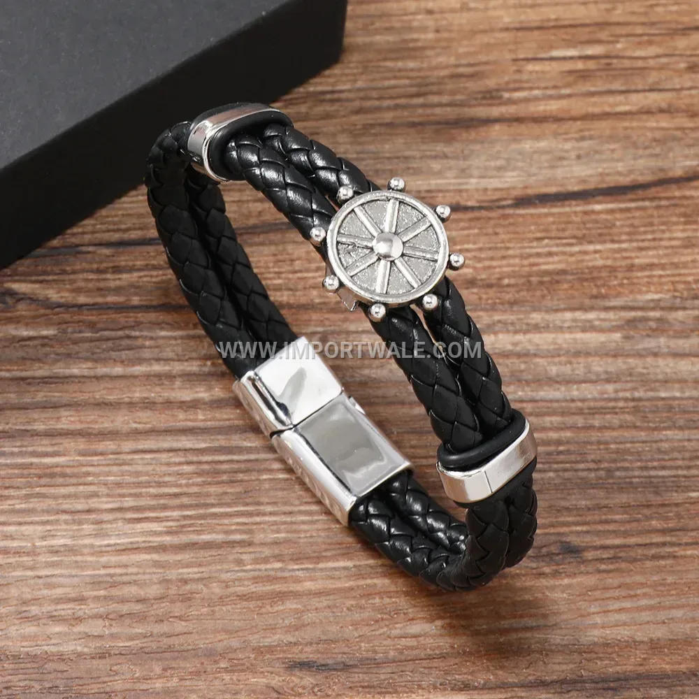 Ship Helm Braided Leather Punk Wristband