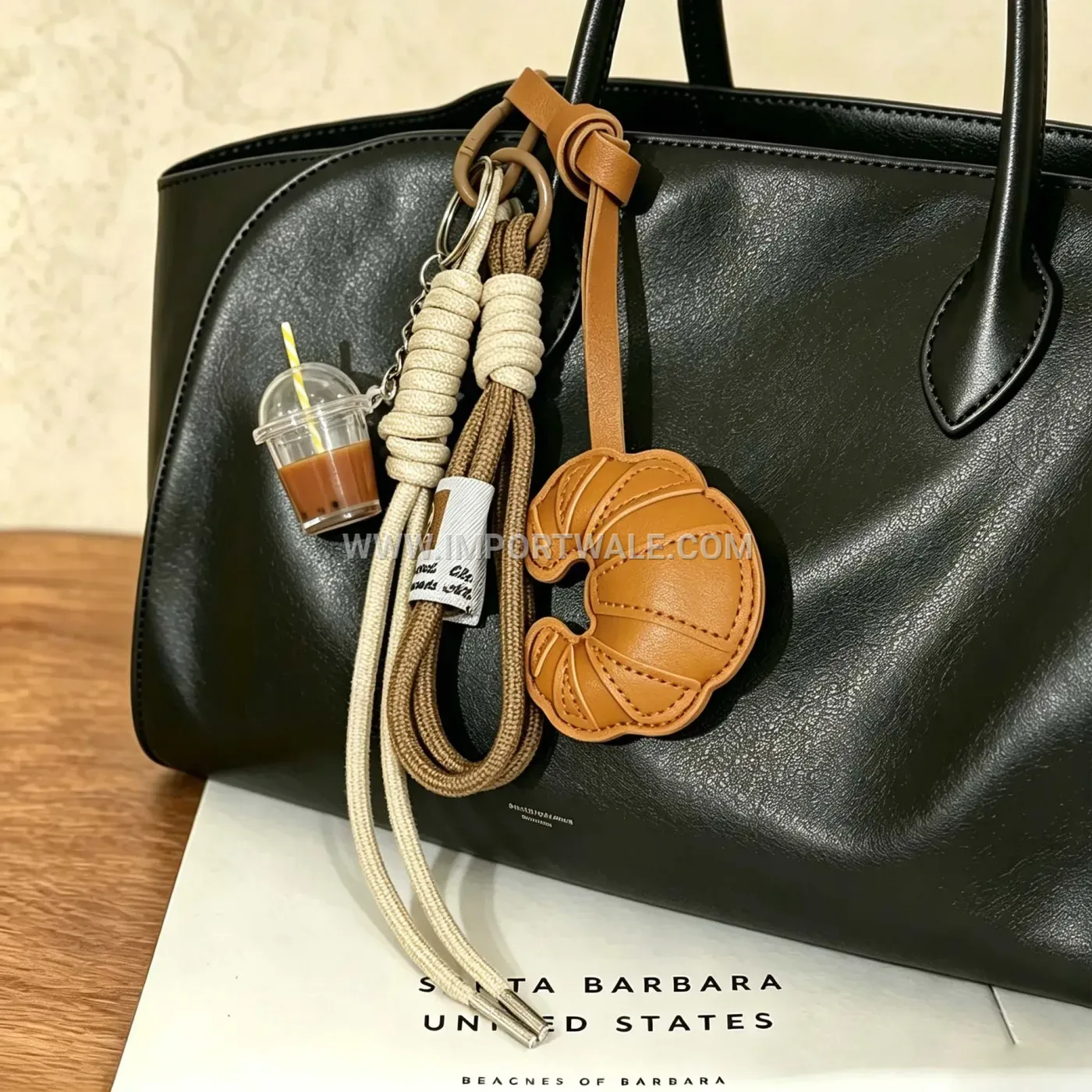 Playful Woven Leatherette Croissant Charm Keychain with Carabiner