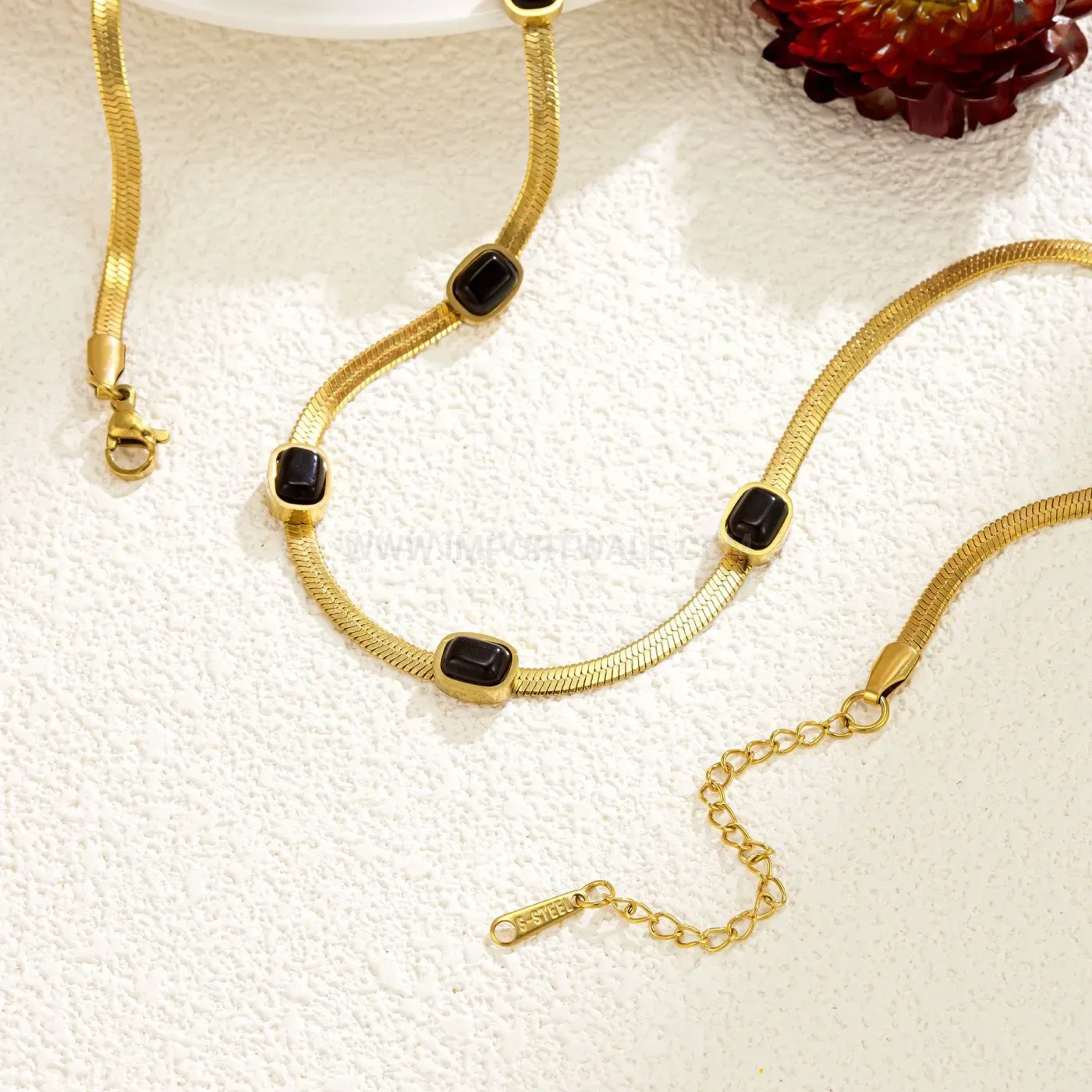 Classic Minimalist Titanium Steel Snake Chain Black Crystal Pendant Necklace