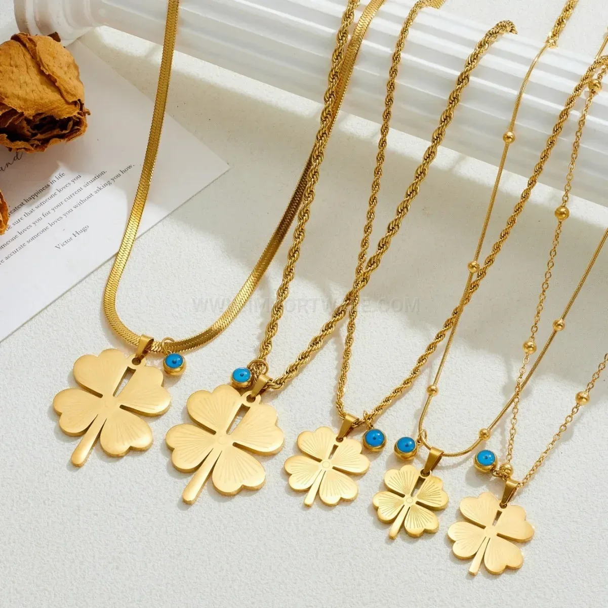 Stylish Gold Stainless Steel Engraved Four-Leaf Clover Long Pendant Necklace