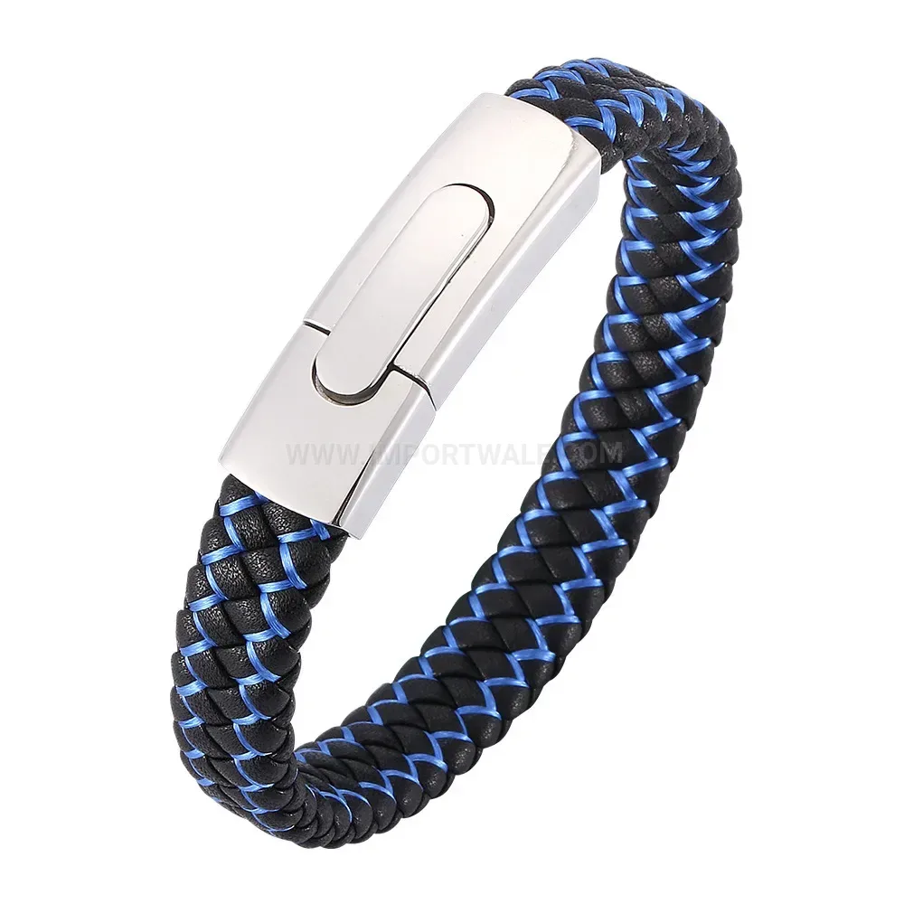 Two-Tone Braided Leather Magnetic Stainless Steel Bracelet