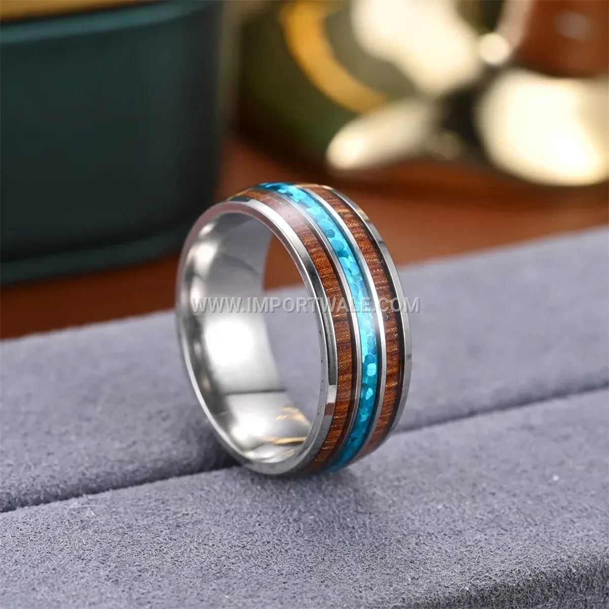 Light Blue Wood Grain Stainless Steel Band Ring