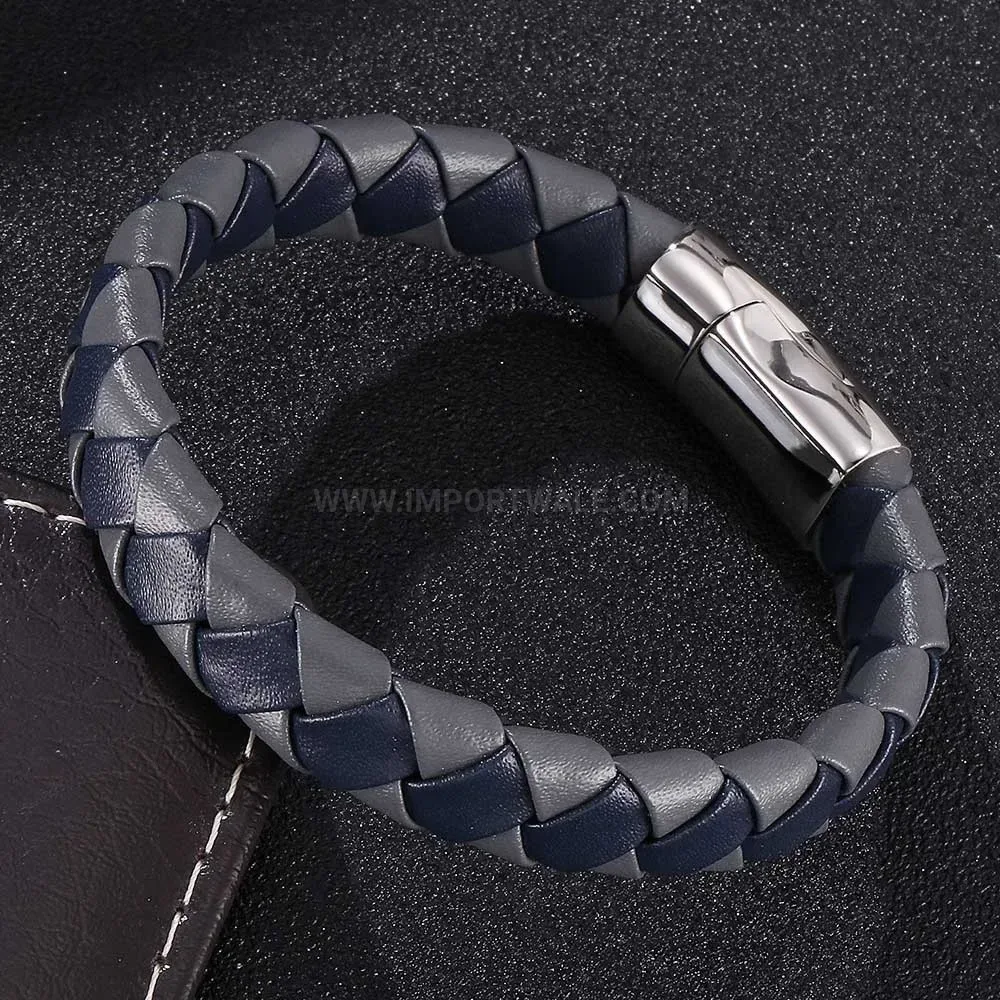 Two Tone Braided Leather Stainless Steel Geometric Bracelet