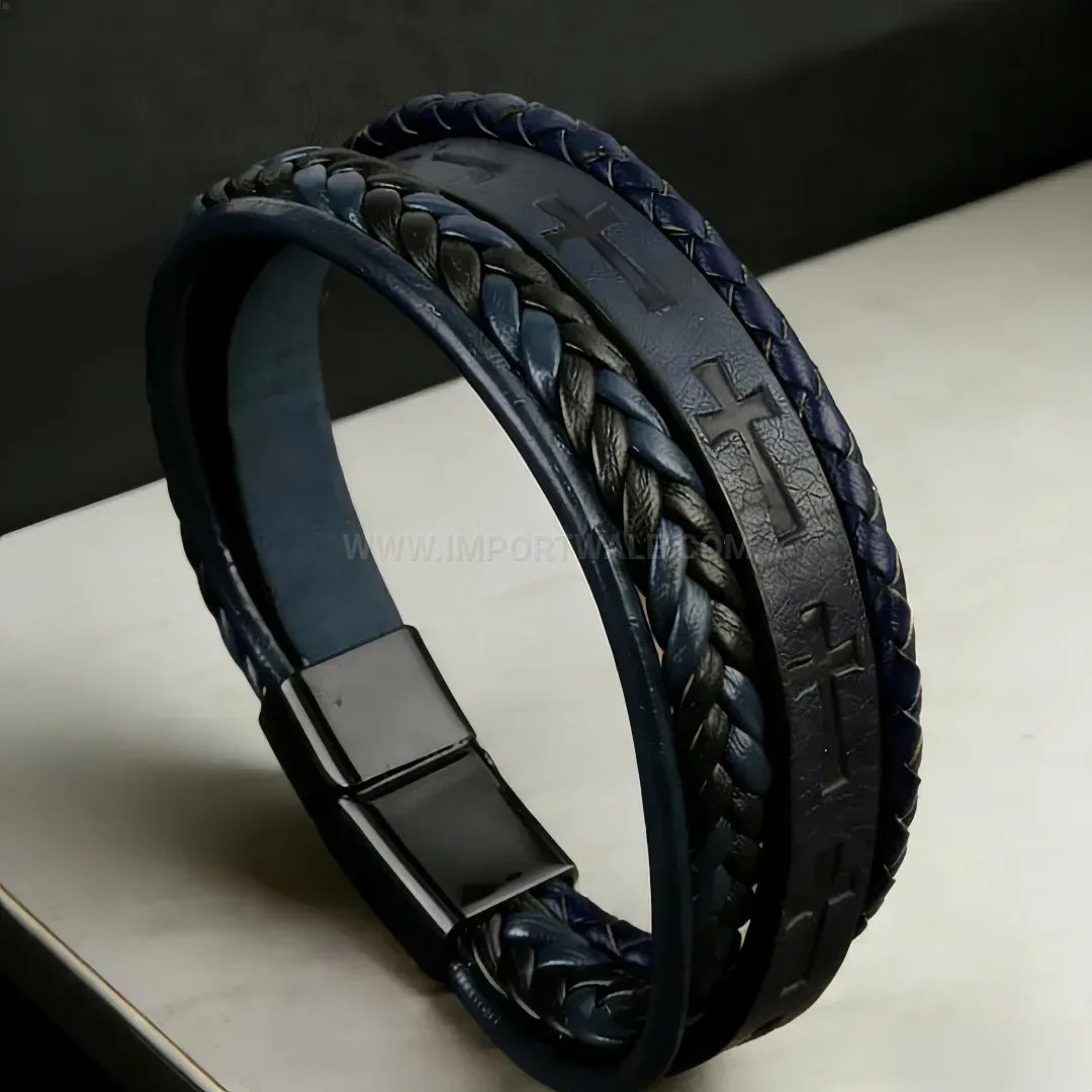 Stylish Multi-Layer Woven Leather Bracelet with Patterned Cross Charm