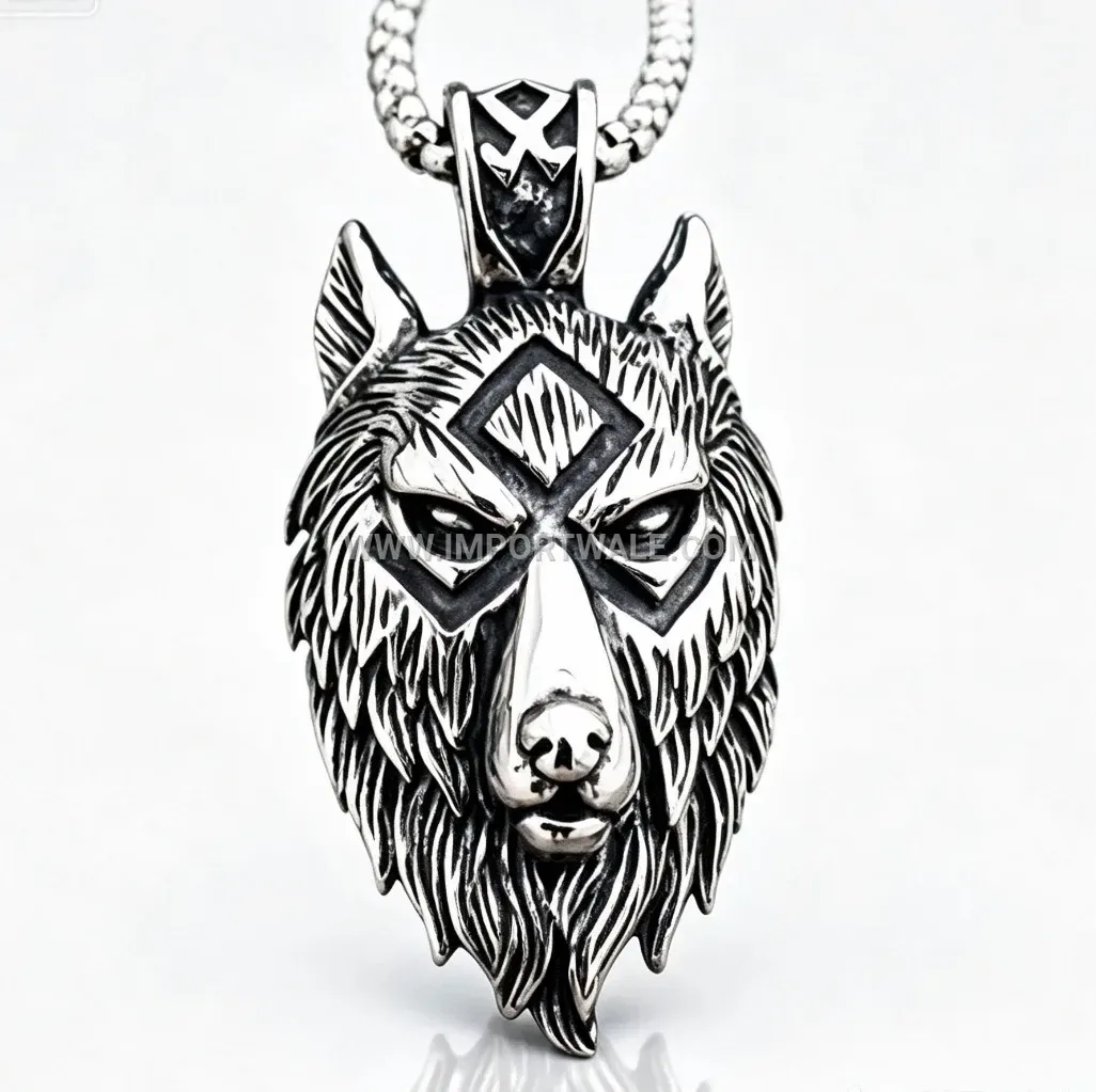 Retro Viking Wolf Head Stainless Steel Pendant Necklace