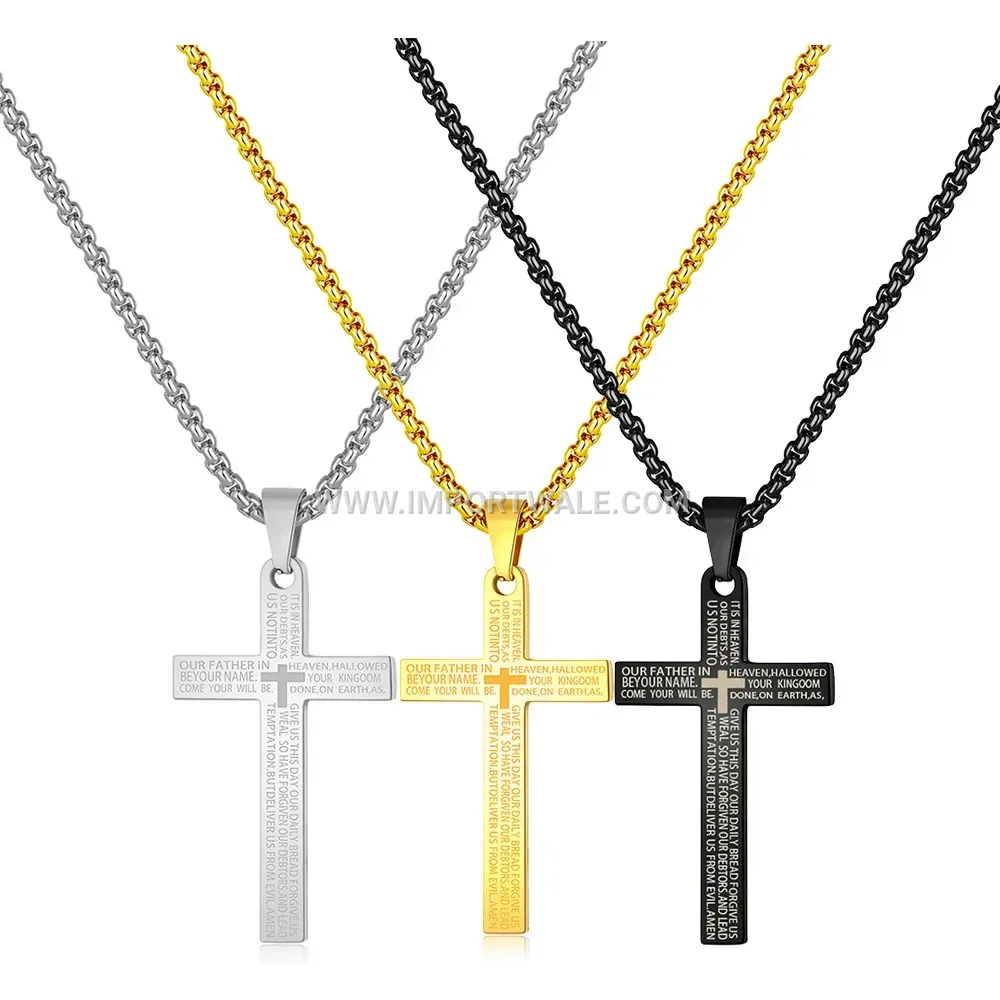 Tri-Color Engraved Cross Stainless Steel Pendant Necklace