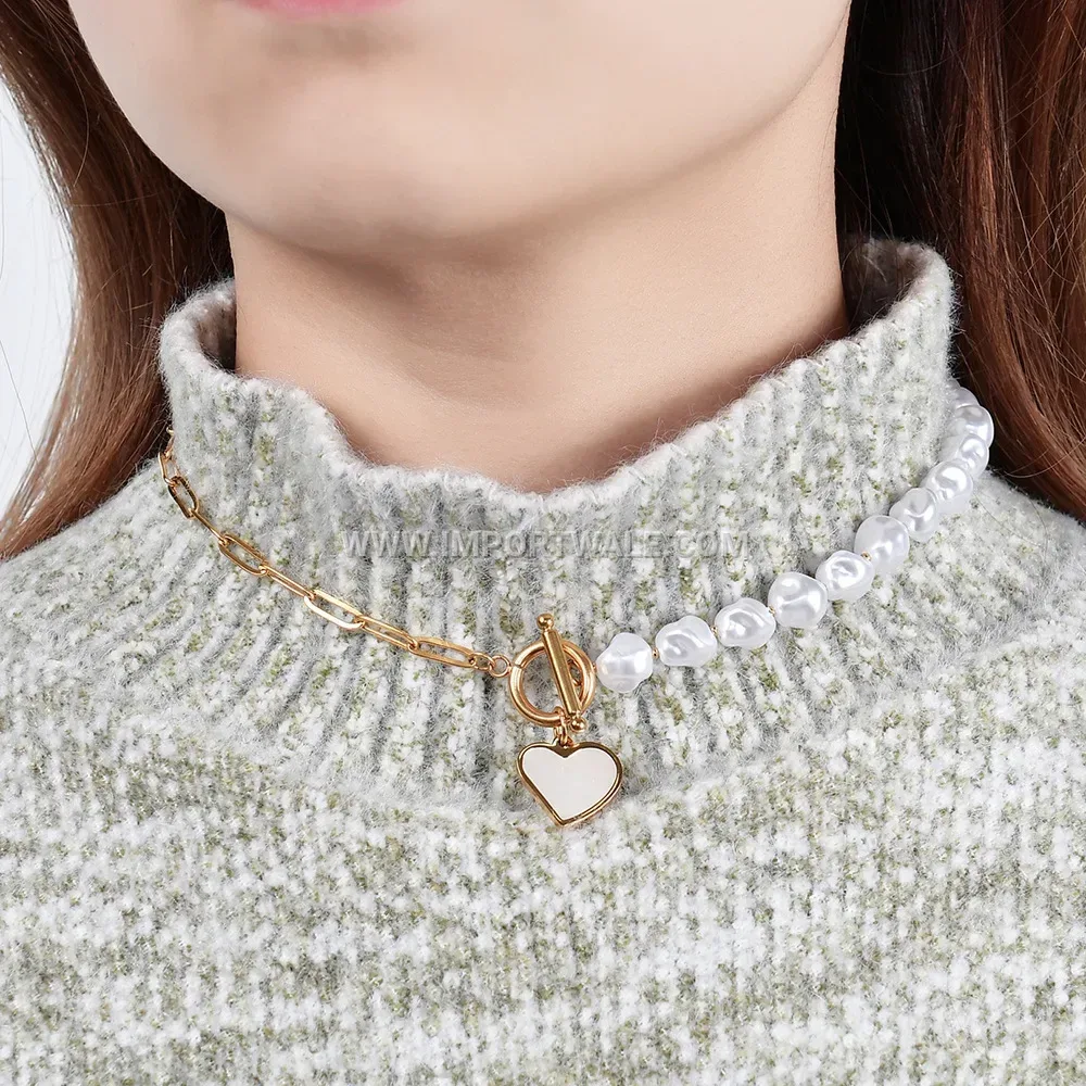 Stainless Steel Heart Shell and Pearl Spliced OT Buckle Necklace