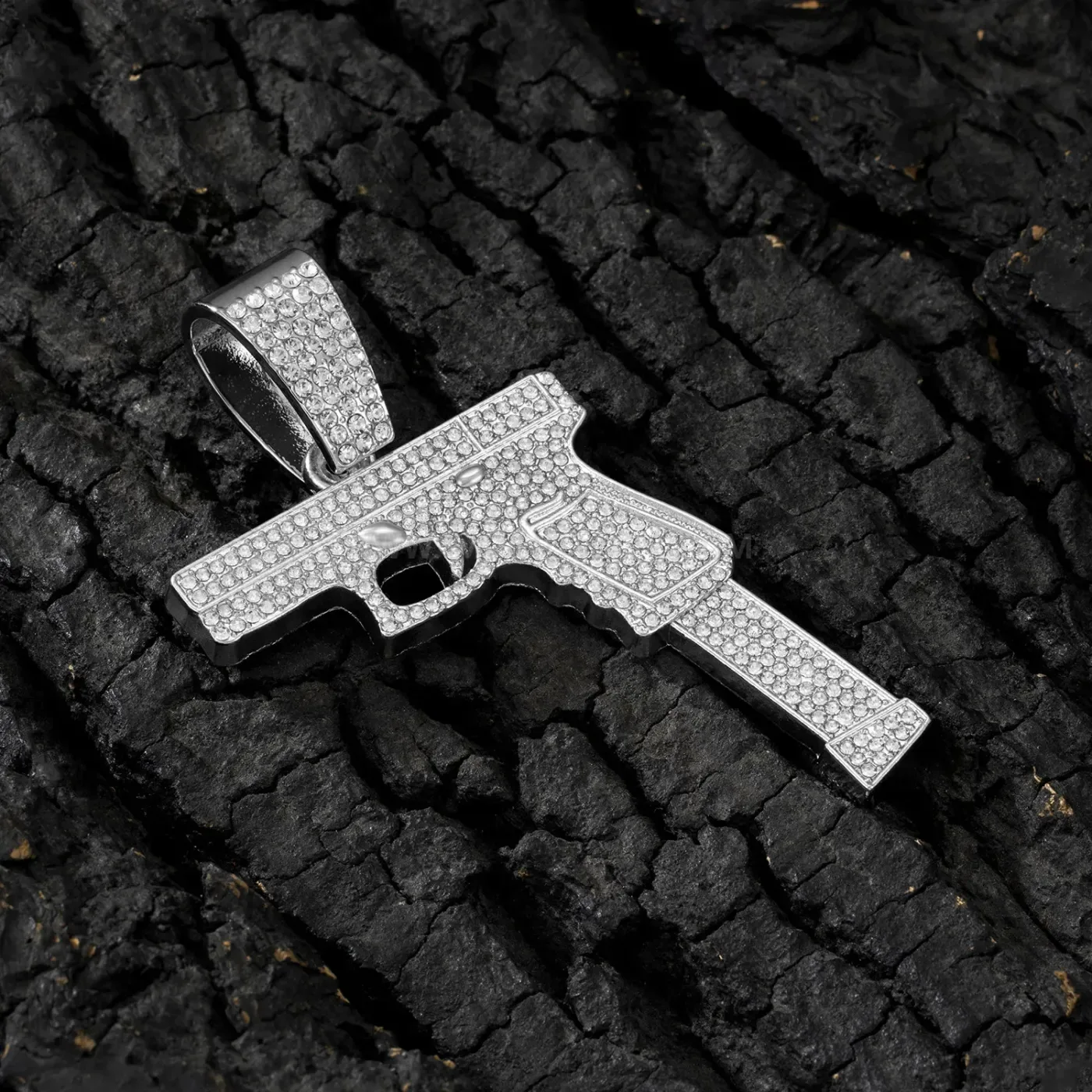 Rhinestone Pistol Motif Pendant Cuban Chain Necklace