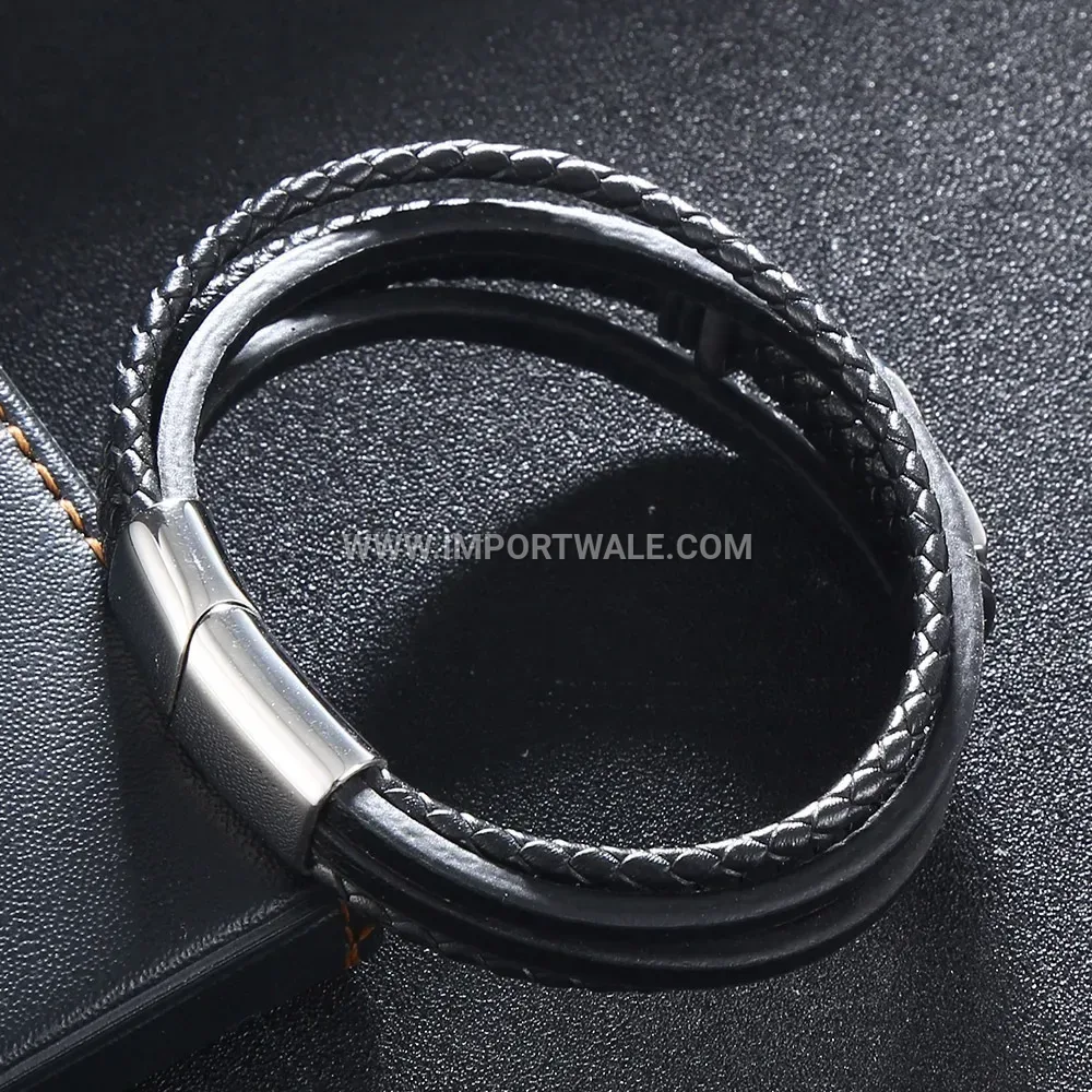 Layered Leather Cord Men Bracelet featuring Stainless Steel Accents