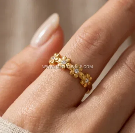 Floral Zircon Stainless Steel Gold Plated Open Ring