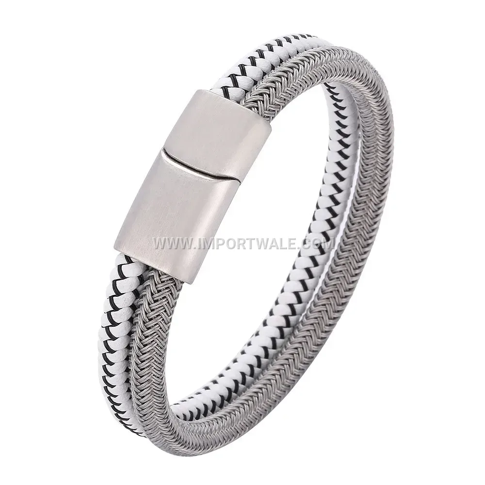 Braided Leather and Steel Wire Men's Statement Wristband Bracelet