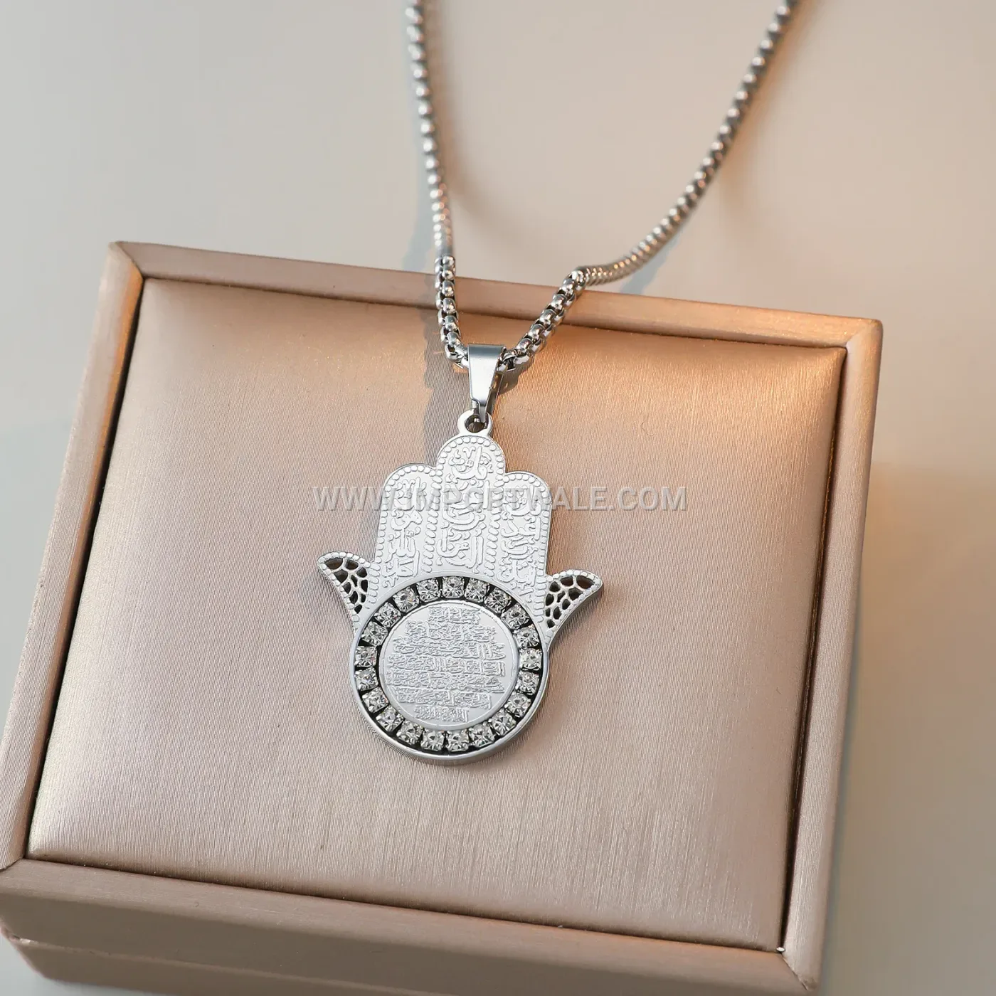 Zircon Ayatul Kursi Palm Stainless Steel Islamic Pendant Necklace