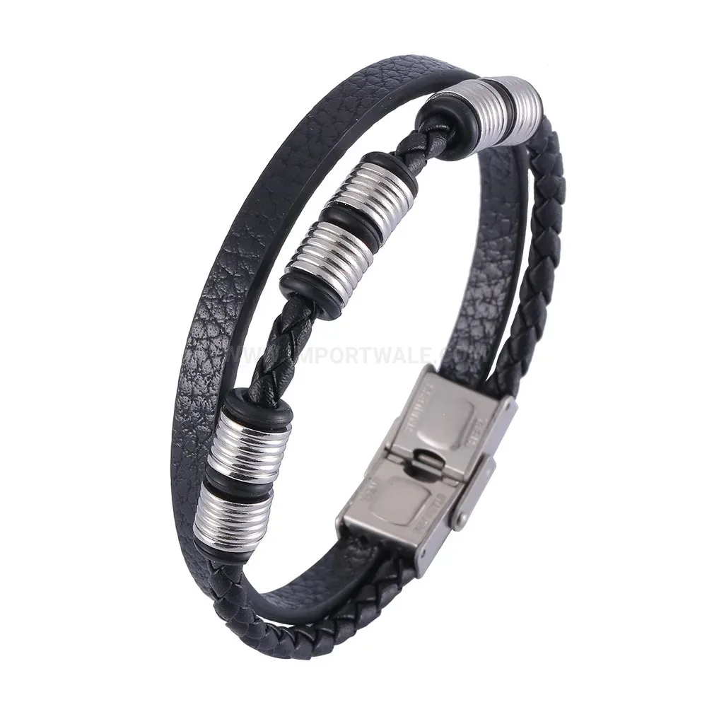 Double Strand Woven Leather Bracelet with Stainless Steel Safety Clasp