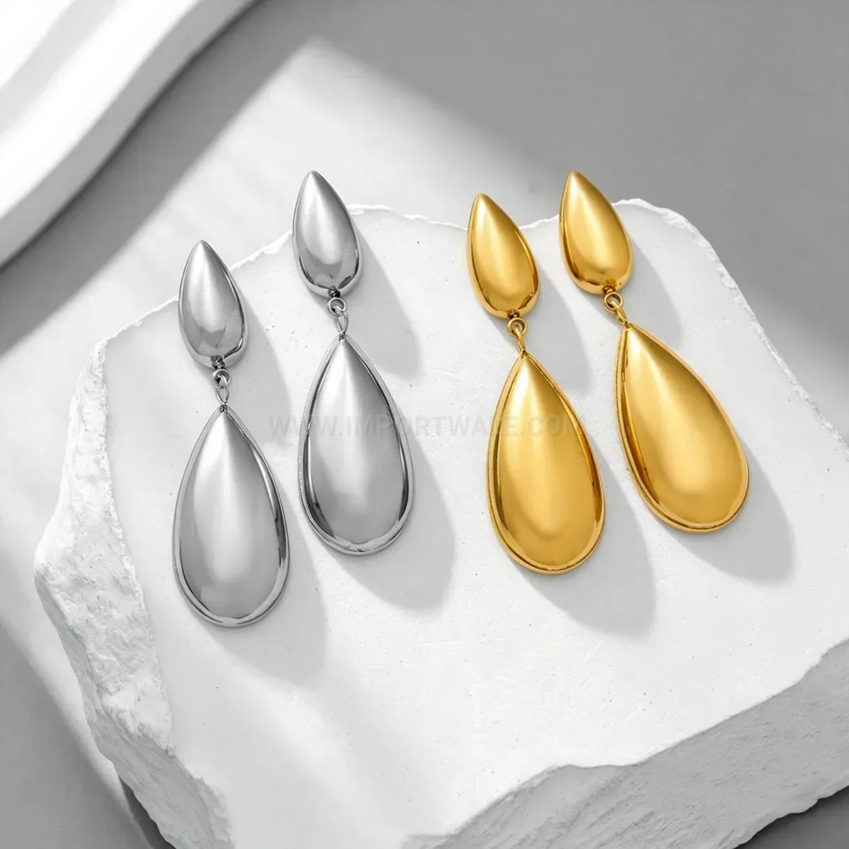 Gold Plated Stainless Steel Double Teardrop Stud Earrings