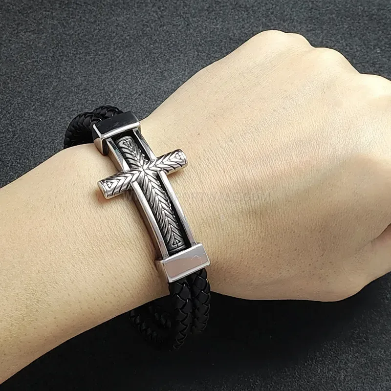 Elegant Cross Detail Two-Tone Woven Leather Men's Bracelet