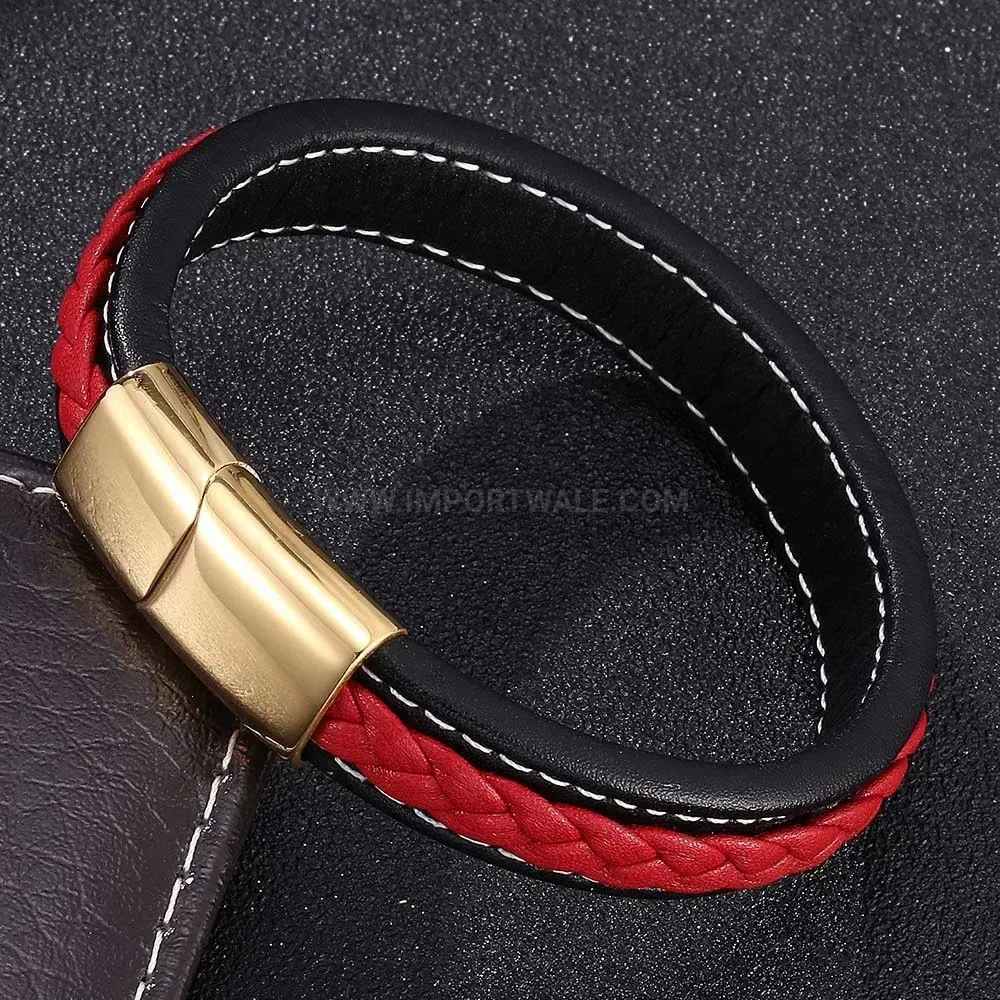 Gold Tone Stainless Steel Chain and Wrapped Leather Bracelet