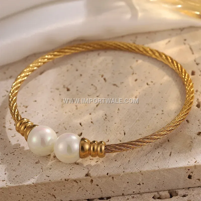 Twisted Wire 18K Gold Plated Open Cuff Bracelet with Pearl