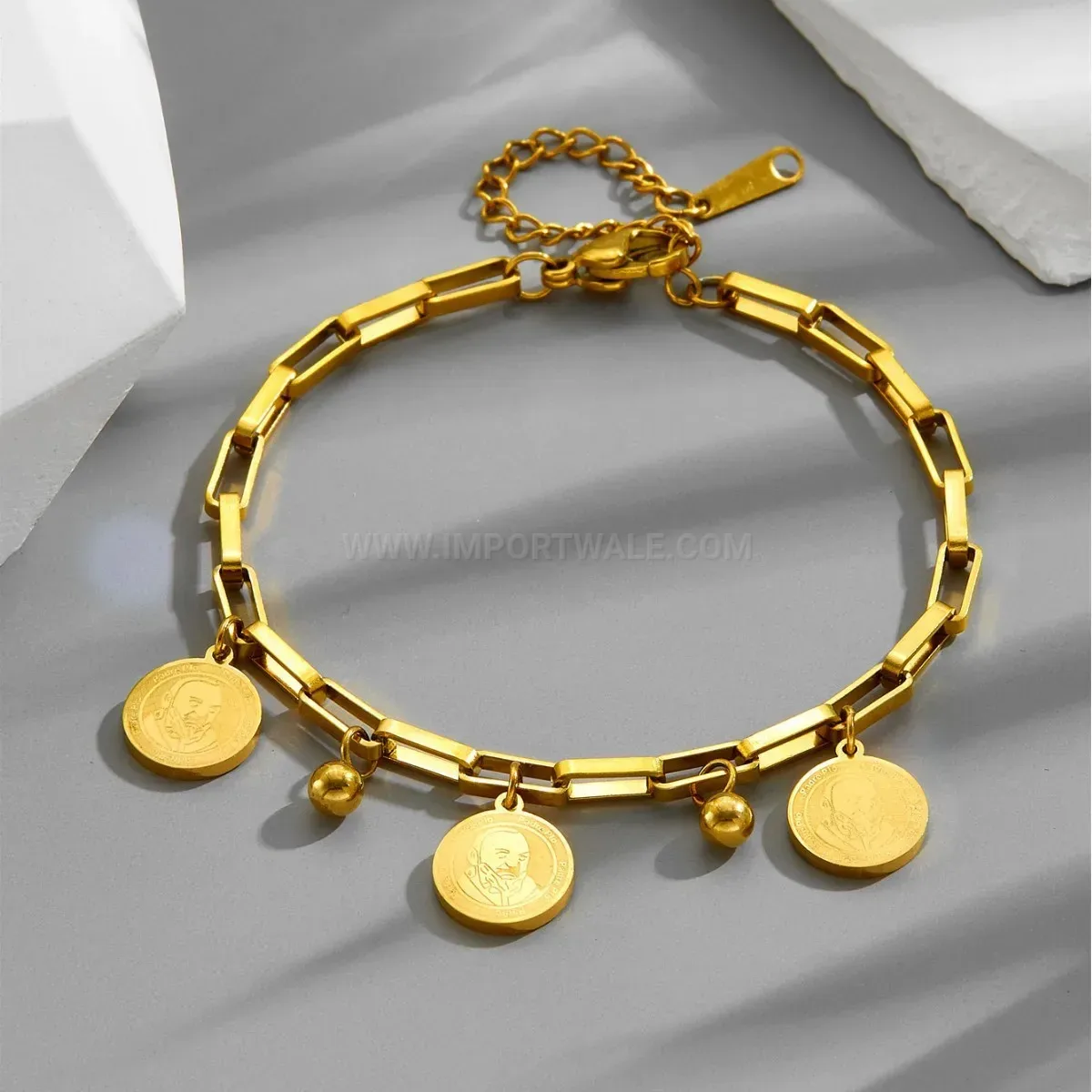 Gold Stainless Steel Portrait Tag Medallion Chain Bracelet