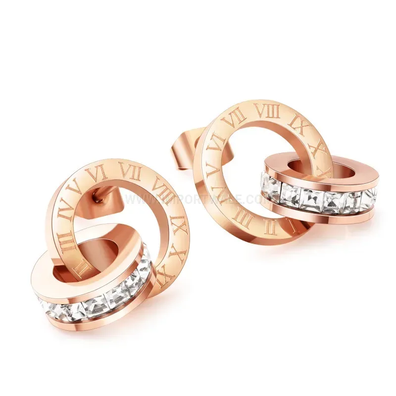 Rhinestone Double Ring Roman Titanium Steel Stud Earrings