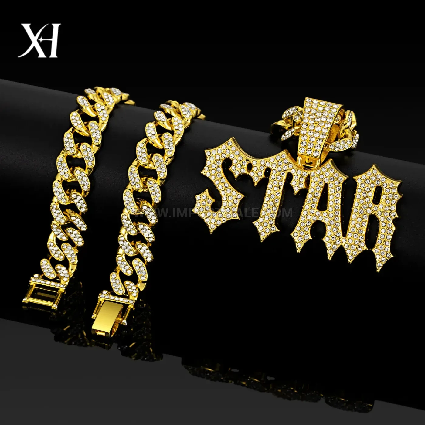 Gothic Star Letter Rhinestone Pendant Cuban Chain Necklace