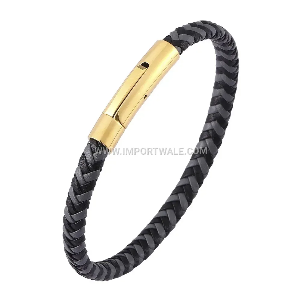 Two-Tone Braided Leather Strap with Gold Tone Stainless Clasp
